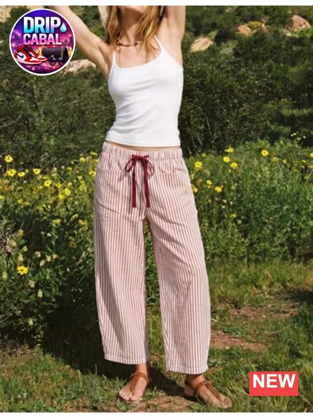 Women's Casual Barrel Pants Striped Drawstring Wide Leg Lounge Capri Trousers